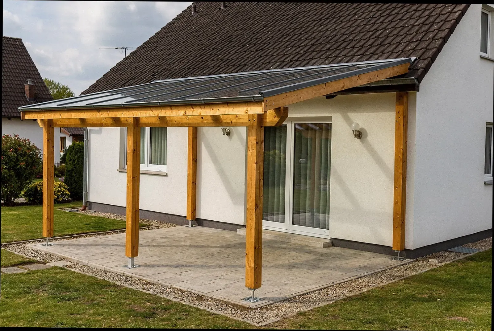 Fertig eingedecktes Glasdach über einer Terrasse in Aachen